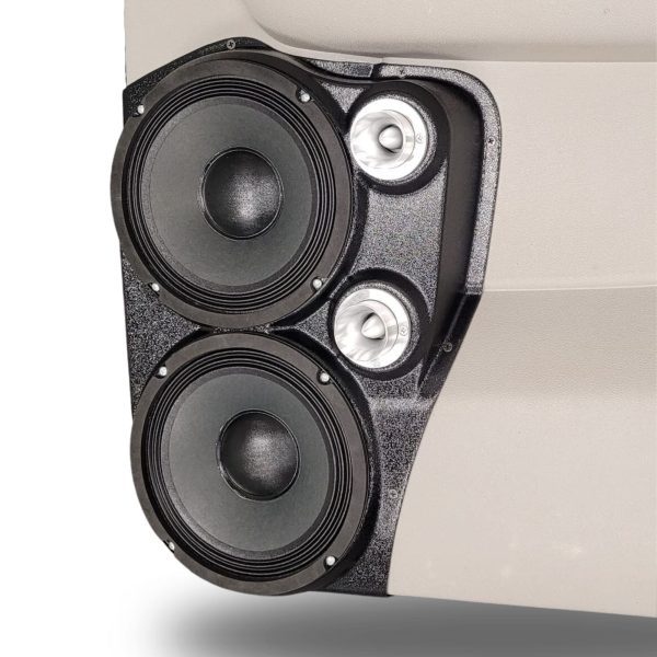 right ortho Speaker Upgrade for the Rear Door of your 2007-2014 Chevrolet Tahoe, Suburban, Avalanche, Silverado. GMC Yukon, Sierra. Cadillac Escalade. Easy installation of a Dual 8" and Dual Tweeter for the most powerful car stereo possible.