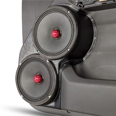 Front Door Custom Speaker Pods for the 2019-2023 Chevrolet Silverado GMC Sierra to hold Dual 8.0 in speakers for car audio installation upgrade
