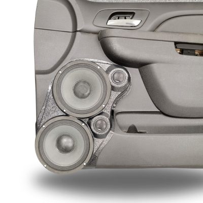 Front Door Custom Speaker Pods for the 2007-2009 Cadillac Escalade Chevrolet Avalanche Tahoe Silverado Suburban GMC Yukon Sierra to hold Dual 8.0 in and Dual 2.0 in speakers for car audio installation upgrade