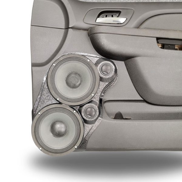 top center Speaker Upgrade for the Front Door of your 2010-2014 Chevrolet Tahoe, Suburban, Avalanche, Silverado. GMC Yukon, Sierra. Cadillac Escalade. Easy installation of a Dual 8" and Dual Tweeter for the most powerful car stereo possible.