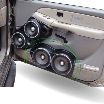 Front Door Custom Speaker Pods for the 2000-2006 Cadillac Escalade Chevrolet Avalanche Silverado Tahoe Suburban GMC Sierra Yukon to hold Dual 8.0 in speakers for car audio installation upgrade