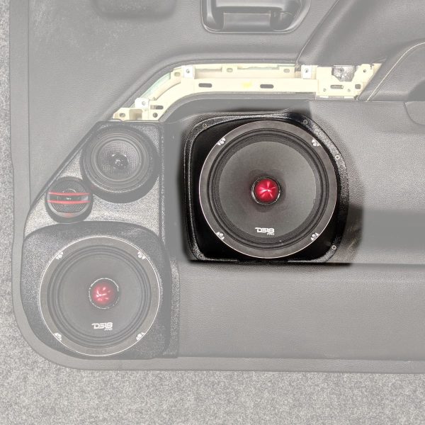 top center Speaker Upgrade for the Front Door of your 2014-2018 Chevrolet Silverado, GMC Sierra. Easy installation of a Single 8" Midrange for the most powerful car stereo possible.