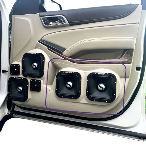 top center Speaker Upgrade for the Front Door of your 2015-2020 Chevrolet Tahoe, Suburban, GMC Yukon. Easy installation of a Dual 7" Square Midrange for the most powerful car stereo possible.