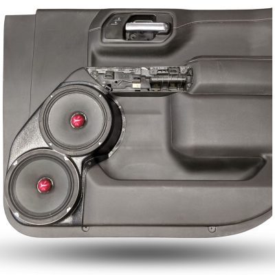 Front Door Custom Speaker Pods for the 2019-2023 Chevrolet Silverado GMC Sierra to hold Dual 8.0 in speakers for car audio installation upgrade